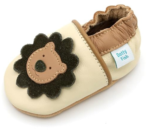Dotty Fish Animal Designs Soft Leather Barefoot Shoes for Babies & Kids – Boys & Girls, Non-Slip, Lightweight, Flexible, Elasticated Ankles, Podiatry Approved, British Brand – Cream Lion 6-12 Months