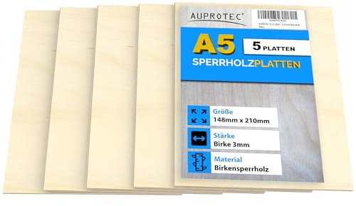 AUPROTEC 5x A5 Placas de madera 3mm Contrachapado de Abedul (148 mm x 210 mm) para manualidades bricolaje marquetería madera maciza contrachapada