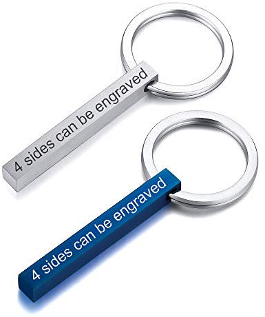 VNOX Personalisierte Paare BFF Brüder Schwestern Familie Partner Schlüsselanhänger 4Seiten Name 3D Vertikale Quader Bar Schlüsselanhänger Gepäck/Tasche Zubehör,Silber Blau