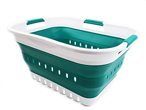 SAMMART 30L Collapsible 3 Handled Plastic Wäschekorb - Faltbarer Pop-Up-Vorratsbehälter/Organizer - Tragbare Waschwanne - Platzsparender Korb/Korb (Weiß/Dunkelgrün)