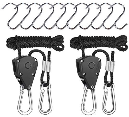 Hangarone Seil Ratsche Ratchet Seil Aufhänger, 2 Stück Einstellbare Schwere Ratchet Seil mit 10 Haken, Ratschenhaken für Pflanzenlampe Zimmerpflanzen Grow Room Ausrüstung