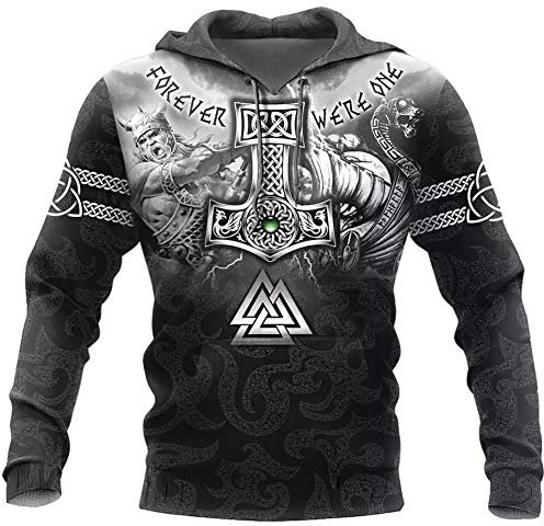 WDBAYXH Nordische Mythologie der Männer Sweatshirt Hoodie Odin Thors Hammer Valknut Tattoo 3D-Druck Pullover mit Full Zip, Viking Pagan Vintage Langarm Streetwear Freizeitjacke,Pullover,XL