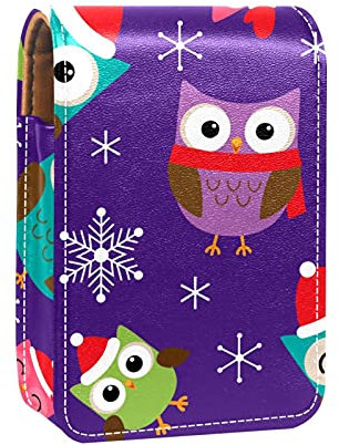Lippenstift-Etui mit Spiegel, Eulen mit Weihnachtsmütze, Schneeflockenmuster, Lipgloss-Halter, tragbare Lippenstift-Aufbewahrungsbox, Reise-Make-up-Tasche, Mini-Leder-Kosmetiktasche, hält 3