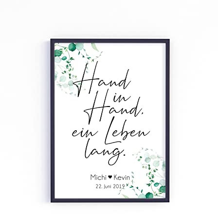 Hand in Hand Poster personalisiert mit Namen und Datum A4 A3 A2 als Geschenke zur Hochzeit Hochzeitsgeschenk (Eukalyptus)