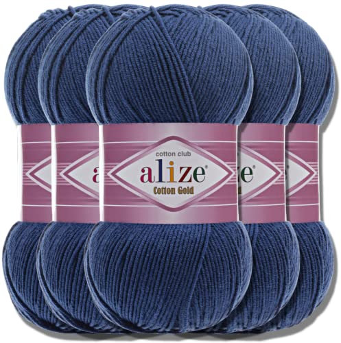 Alize 5x 100g Cotton Gold Türkische Premium Wolle Baumwolle und Acryl Handstrickgarne | Garn | Yarn | Babywolle Strickgarn Akzente Accessoire Baby zum Häkeln Stricken Schals (Midnight Blue| 279)