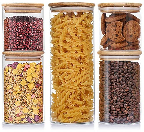 Glass Storage Jars - Storage Jars with Lids Kitchen Food Storage Container with Bamboo Lid for Spices/Beans/Powder/Sugar/Cereal/Spaghetti Storage (Pack of 5)