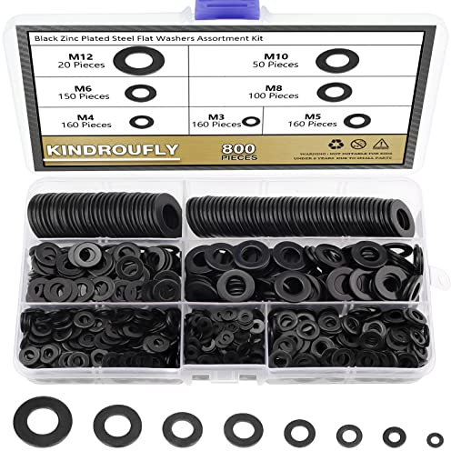 800 arandelas planas de acero chapado en zinc negro, arandelas de guardabarros, arandelas planas de 7 tamaños, kit surtido de arandelas de metal (M3 M4 M5 M6 M8 M10 M12)