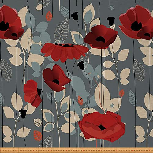 Mohnblumen Stoff Meterware Schicker Floraler Dekorationsstoff Rote Mohnblätter Polsterstoff für Polster und Heimwerkerprojekte Botanische Gartenpflanze Beige Grau 184 x 150 (HxB)