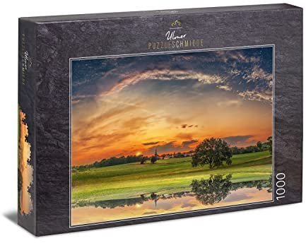 Ulmer Puzzleschmiede - Puzzle Dahoam“ - Klassisches 1000 Teile Puzzle mit Heimat-Motiv – Landleben mit Sonnenaufgang an einem unbekannten Ort in Bayern - Premium Qualität Made in Germany