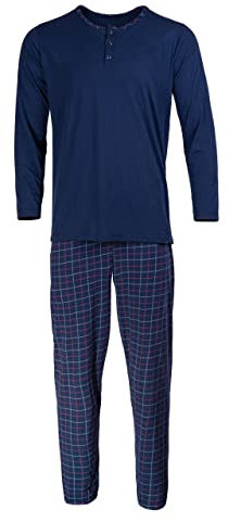 HEYO Pyjama long en coton pour homme - Ensemble 2 pièces - T-shirt à manches longues - Pantalon de pyjama à carreaux, bleu foncé, XL