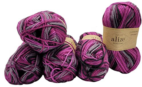 5 x 100 Gramm Sockenwolle Ilkadim Export Wooltime mehrfarbig, 75% Superwash Wolle, 500 Gramm Strickwolle für Stricksocken und Strümpfe (schwarz violett grau 11018)