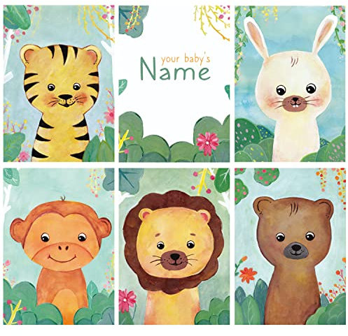 BeYa® Kinderzimmer Deko für Jungen und Mädchen Babyzimmer Bilder Wanddeko Poster 6er Set DIN A4, personalisierbar mit Namen