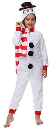 Sincere Party Schneemann Onesie für Kinder, Jungen Mädchen Schneemann Kostüm für Weihnachten mit Kapuze Hut, Streifen Schal Mittel (6-8)