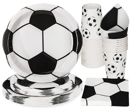 PARTY GO Juego de vajilla de fiesta de fútbol de 96 piezas, platos de papel tazas y servilletas, vajilla desechable, suministros de fiesta para cumpleaños, fútbol blanco y negro, decoraciones para 24