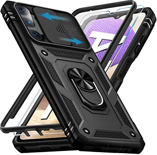 Giyer für Samsung Galaxy A32 Hülle mit Displayschutzfolie, Handyhülle A32 5G mit Kameraschutz Kartenschlitz 360° Metall Ring Ständer Stoßfest Bumper Schutzhülle Samsung A32 6.5 Case Cover (Schwarz)