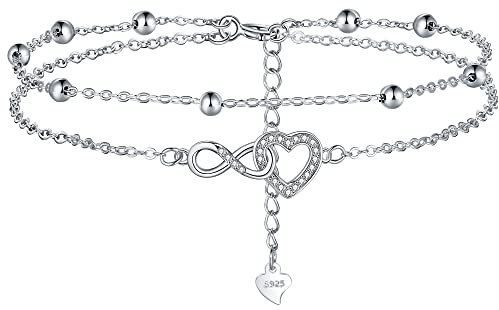Lydreewam Unendlichkeit Herz Fußkettchen Silber 925 für Damen Doppel Fußkette mit Kugeln und Zirkonia Sommer Barfuß Strand Fusskette, verstellbare 22+4cm