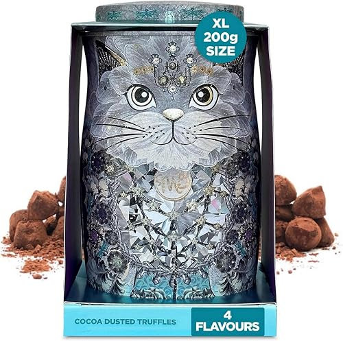 Monty Bojangles Cocoa Dusted Chocolate Truffles Cat Tin (Diamond Empress - 200g) Four Flavours In One, Luxury Chocolatey Truffles - Collectable Cat Tin, Truffles Chocolate Gift Box With Bespoke Design