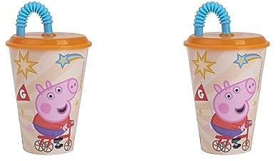 P:os 30717088 - Trinkbecher mit beliebtem Peppa Wutz Motiv, mit Strohhalm, Fassungsvermögen ca. 430 ml, aus Kunststoff, bpa- und phthalatfrei, für Zuhause und Unterwegs (Packung mit 2)