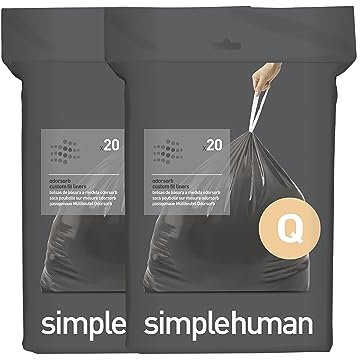 simplehuman Code Q 40 Odorsorb Liners, 50% Recycled Custom Fit Odour Absorbing Bin Liners in Dispenser Packs with Durable Drawstring Tie Handle, 50-65L
