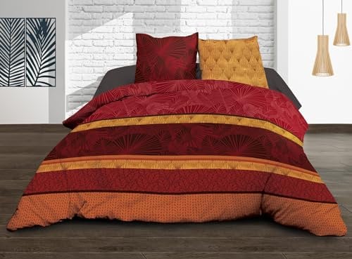 Le linge de Jules Parure Drap Plat + Drap-Housse 160x200 + 2 T - Pur Coton 57 Fils - Jade Rouge