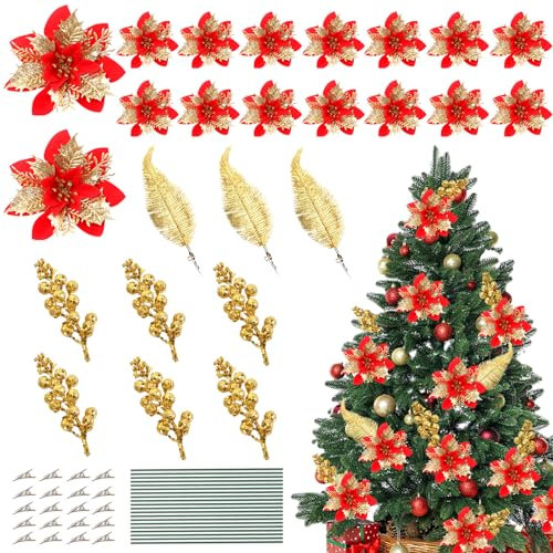JULBEAR 25 Pcs Christmas Poinsettia Artificial Art Flowers with Glitter and Berry Leaves for Christmas Garland, Wreath, Xmas Tree, Wedding, Party Decorations (Red, Gold)