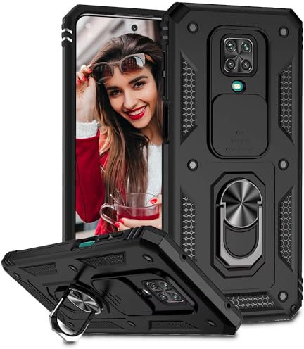 POUHYE Funda para Xiaomi Redmi Note 9S / 9 Pro / 9 Pro Max Carcasa Original, Silicone TPU + PC Rugged Bumper Case con 360° Magnético Anillo Soporte,Cubierta de cámara Deslizante Proteger Carcasa Negro