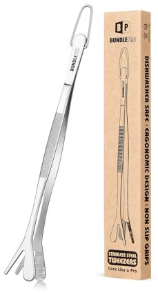 Pinzas de Cocina de Doble Punta, Pinzas de Cocina Profesionales de Acero Inoxidable 2 en 1 de Doble Punta para Cocinar, Reparar, Mariscos, Barbacoas, Decorar, Alimentar Mascotas (20.5 CM, PLATA)