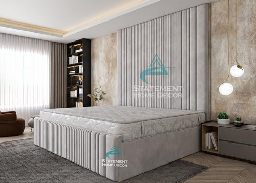 Upholstered Headboard - Accent Wall Panels – Customized High Headboard - Plush Velvet Bed Frame - Ottoman Storage Bed (Grey Crush Velvet, 4FT6 DOUBLE)
