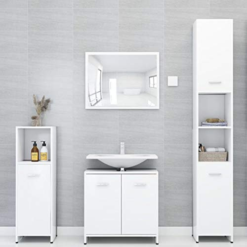 Gecheer 3-TLG. Badmöbel Set, Badezimmer Möbel Komplett, Badezimmermöbel Waschtisch Badmöbelset, Spiegel Mittlerer Schrank Waschbeckenunterschrank, Weiß Spanplatte