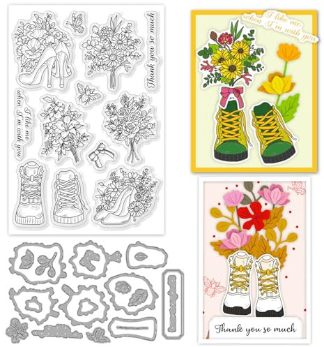ORIGACH Blumen und Schuhe klare Stempel und Stanzformen Set für Kartenherstellung Paare Dating Silikon Stempel Stanzen stirbt für DIY Scrapbooking Journaling Fotoalbum Handwerksbedarf