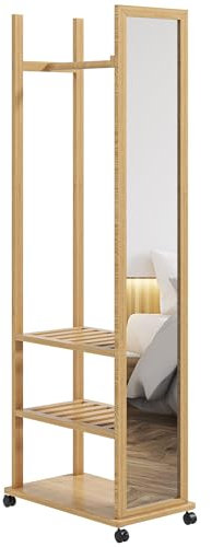 HOMCOM Miroir sur Pied avec roulettes, Miroir avec Portant et étagère, Multi-rangements, pour Chambre, entrée, en Bois, Coloris Naturel