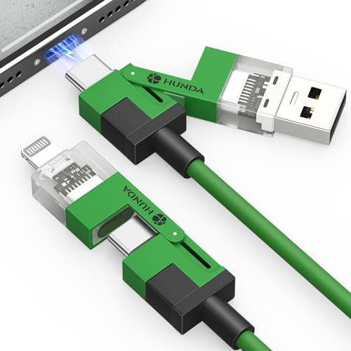 HUNDA 4 in 1 USB C to C Fast Charging Cable,Silicone USB C to Lightning Cable 100W Dual Type C Cable Combo Lightning/Type C/USB A Ports for iPhone 15/15 Pro/15 Pro Max,Android,Samsung etc,5ft