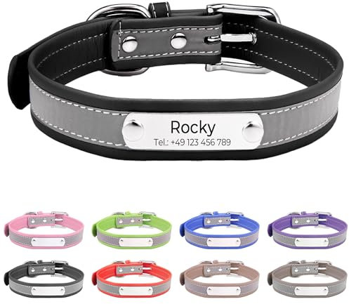 Reflektierend Halsband für Hunde aus Leder Personalisierte Hundehalsband mit Namen Gravur Schwarz Halsband mit Namenschild für den mittleren Hund,Hundehalsbänder M