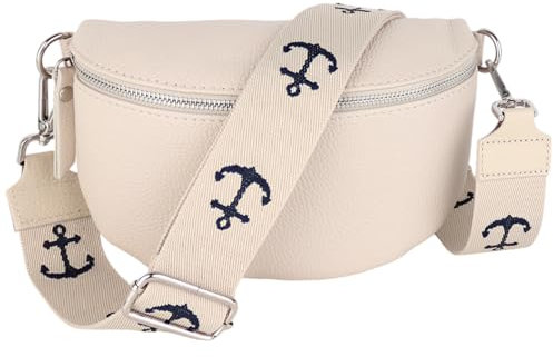 MIRROSI® Bauchtasche Damen, Echtleder, Made in Italy, Umhängetasche, Brusttasche, Crossbody Bag (1 Tasche & 2 Gurte) (Beige (Anker), Große Tasche (28x18x9cm))