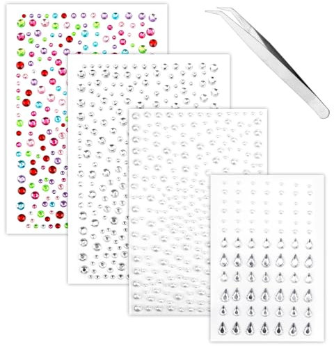 1053pcs Rhinestone Stickers with Tweezer, Face Diamond Jewels Stickers Self Adhesive Gemstone Rhinestone for Makeup Sticky Gems for Face Hair Nail Body Accessories