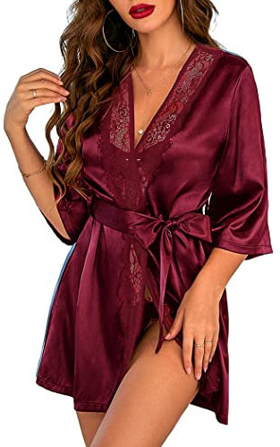 Avidlove Bademantel Damen Kimono Robe mit Gürtel Leichter Morgenmantel V-Ausschnitt Nachthemd für Braut spitze Nachtwäsche Dunkel Rot XXL