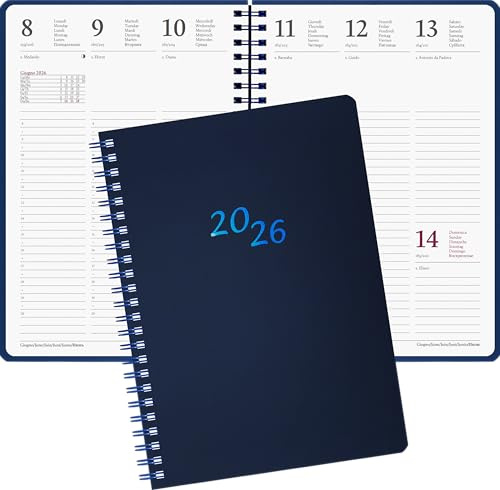 Purepaper Wochenkalender 2025 – 12 Monate Januar Dezember – 16 x 21 cm Medium A5 – Spiralbindung – Made in Italy handgefertigtes Bindegerät blau