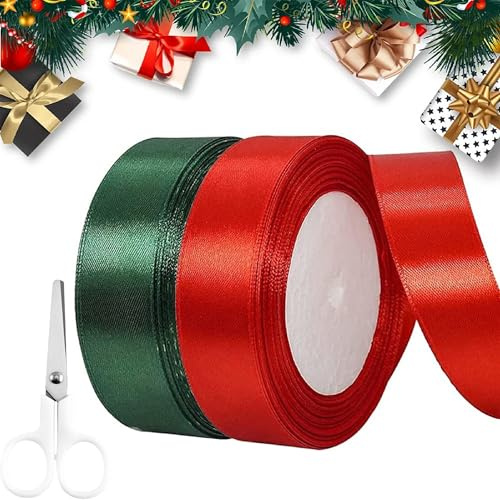 2 Stück 25mmx44m Weihnachtsdeko, Rot und Dunkelgrün schleifenband weihnachten, kreative weihnachtsgeschenke, weihnachtsbänder deko für Geschenkverpackungen, Weihnachtsbäume, Kränze oder mehr