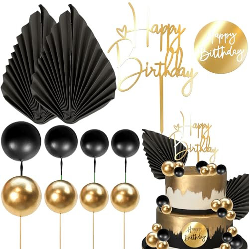 Xsstarmi 30 Pack Black Gold Paper Palm Fan Cake Topper Black Gold Balls Cake Pick Happy Birthday Cake Topper Decorations for Baby Shower Happy Birthday Party DIY Cake Decorations Supplies
