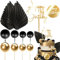 Xsstarmi 30 Pack Black Gold Paper Palm Fan Cake Topper Black Gold Balls Cake Pick Happy Birthday Cake Topper Decorations for Baby Shower Happy Birthday Party DIY Cake Decorations Supplies