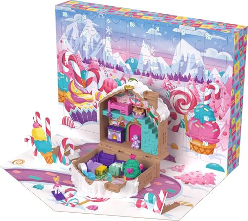 Polly Pocket Doll Advent Calendar, DIY Gingerbread House Playset with 24+ Surprises, Dollhouse Furniture, and Holiday Accessories, JFV13