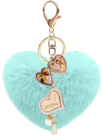 JK Home Porte-Clef Personnalisé Coeur Porte-clé Photo Pendentif Pompon en Peluche Cristal avec Boîte pour Voiture Sac à Main Saint-Valentin Noël Love Bleu
