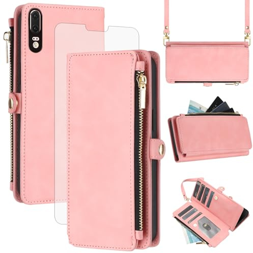 Asuwish Handyhülle für Huawei P20 Hülle mit Band und Folie Schutzfolie RFID Kartenfach Klappbar Leder Blumen Geldbörse Ständer Hawaii P 20 20P EML-L29 Cover Handy Wallet Schutzhülle Phone Case Rosa