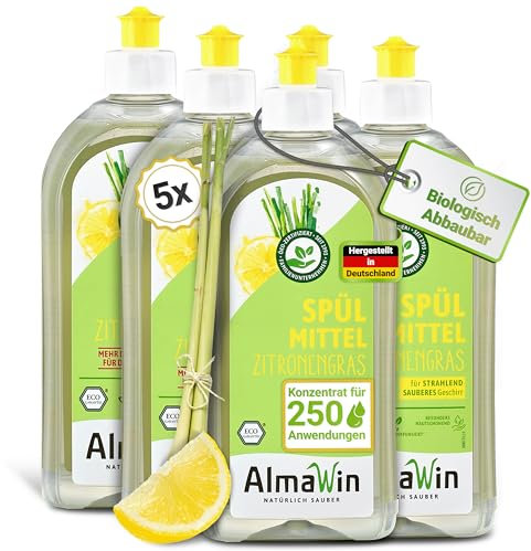 AlmaWin® Spülmittel Bio mit Zitronengras-Duft – 5x500ml Spüli – Kraftvolles Geschirrspülmittel flüssig mit hoher Fettlösekraft – Vegan Dish Soap – Ergiebiges Konzentrat