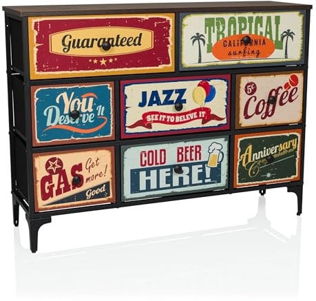 hjh LIVING Kommode mit 8 Schubladen aus Vlies AMERIKO B 102,5x30x77,5 cm Schubladenschrank im Vintage-Look mit Motiven, Metall-Gestell