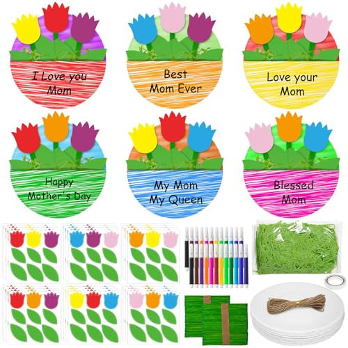 Cinrobiye 24 Set Tulips Flower Craft Kit DIY Flower Paper Plate Art and Craft Colorful Flower Shape Paper Cut Outs Bulletin Board Decor for School Home Party DIY Projects Activities Favor Supplies