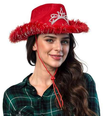 Red Cowboy Hat with Fluff Trim for Men and Women – Unisex Adult Texan Cowgirl Hat Fancy Dress Party Accessory