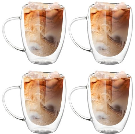 Nicphyn 4 Piezas Tazas de Cafe Transparente, Vasos Doble Pared Cristal, Vasos para Cafe, Vasos de Cafe, Tazas Cristal con Asa para Té Helado, Leche, Latte, Macchiato, Bebidas Calientes(350ML)