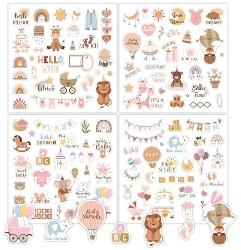 4 Blatt Sticker Babyalbum,204 Stücke A4 Sticker Baby Scrapbooking Mädchen & Junge,Aufkleber für Kinder und Baby Fotoalben,für Fotoalbum Kalender Notizbuch Babyparty Deko