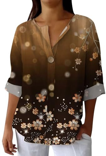3/4 Sleeve Linen Tops for Women UK Solid Sequin Summer Shirt My Orders Ladies' Fashion Printed Single Button Long Sleeve Top (01-F-Yellow, XL)